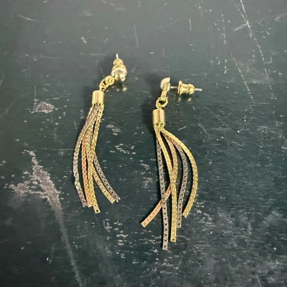VINTAGE TWO COLOR DANGLE CHAIN EARRINGS PIERCED 2 INCH GOLD AND SILVER TONE